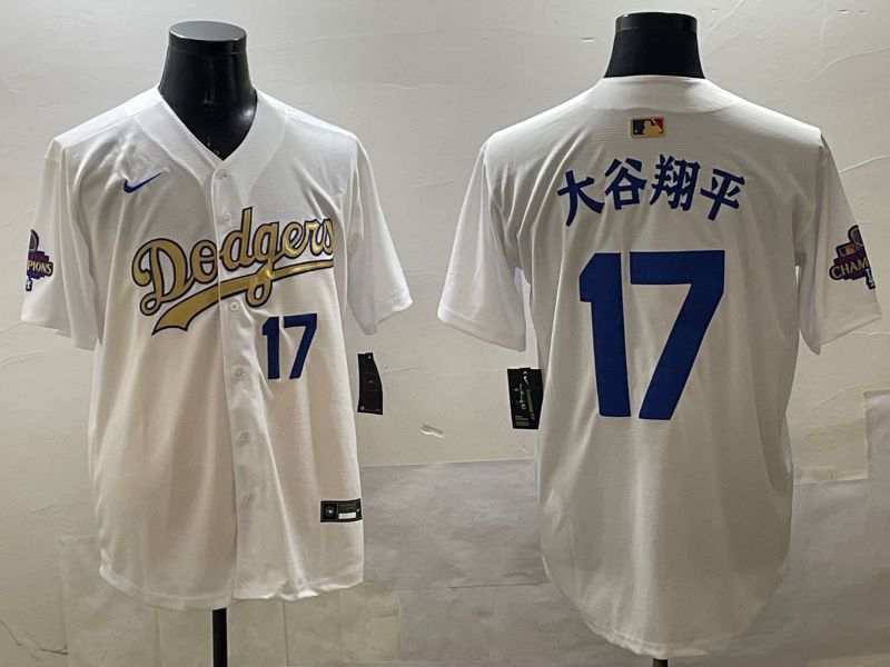 Men Los Angeles Dodgers #17 Ohtani White Champion gold character 2025 Nike MLB Jersey style 3317->los angeles dodgers->MLB Jersey